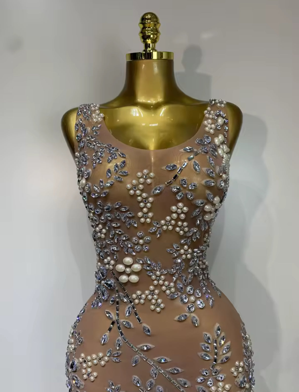 Crystal & Pearl Embellished Nude Illusion Gown