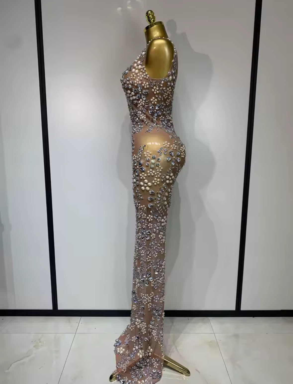 Crystal & Pearl Embellished Nude Illusion Gown