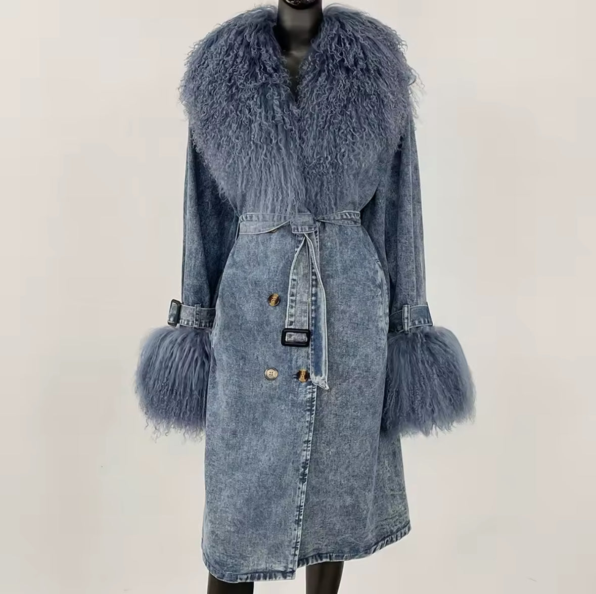 Denim Trench Coat with Genuine Mongolian Sheepskin Fur Trim