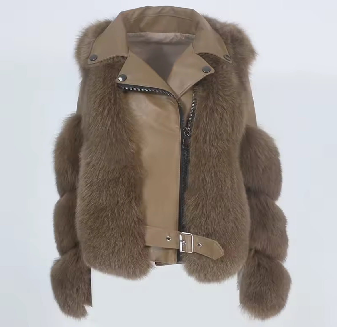 Luxury Sheepskin Leather & Real Genuine Fox Fur Motorcycle Jacket