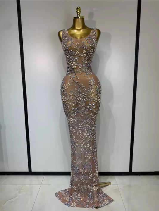 Crystal & Pearl Embellished Nude Illusion Gown