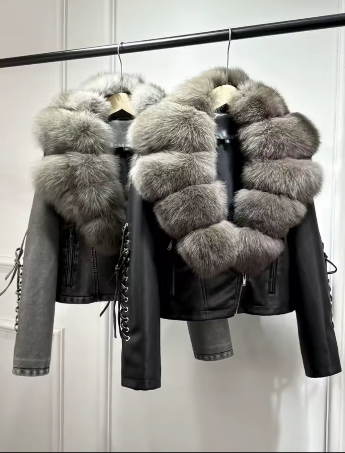 Luxury PU Leather Jacket with Genuine Fox Fur Collar