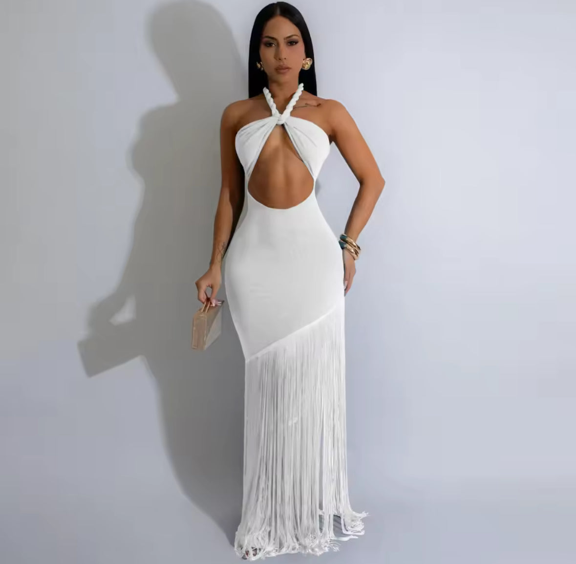 Jungle Luxe Fringe Cutout Maxi Dress