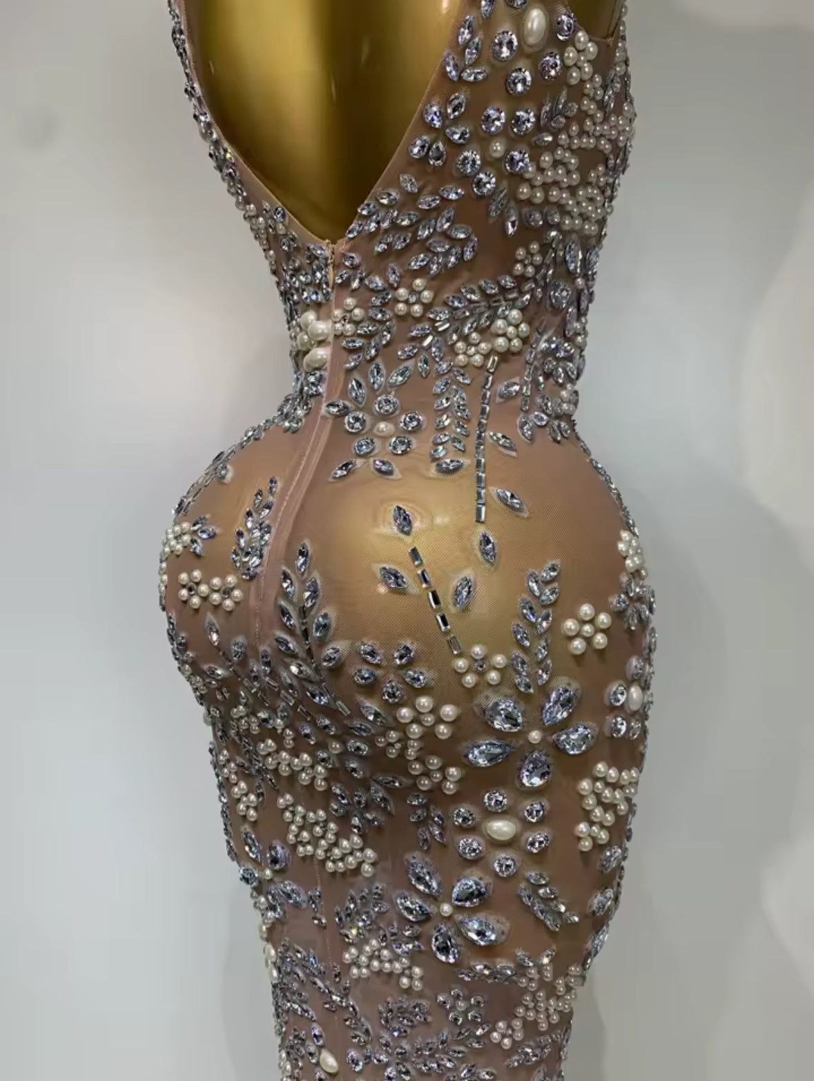 Crystal & Pearl Embellished Nude Illusion Gown