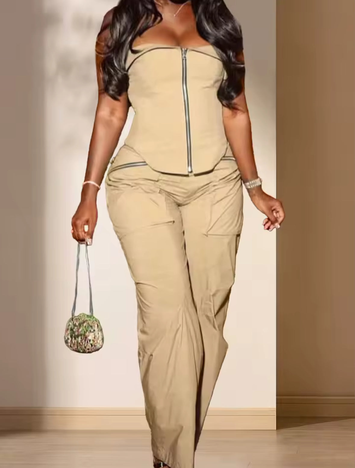 Khaki Zipper Corset Two-Piece Set