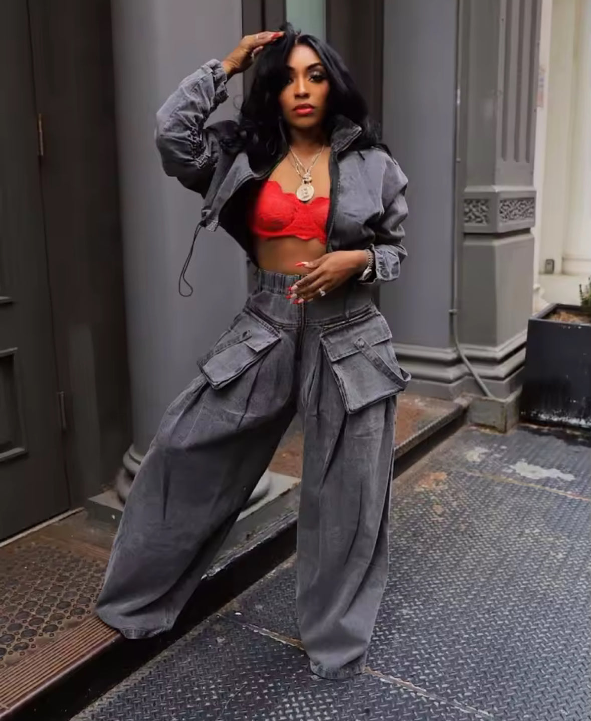 Street Luxe Oversized Denim Two-Piece Set