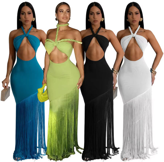 Jungle Luxe Fringe Cutout Maxi Dress