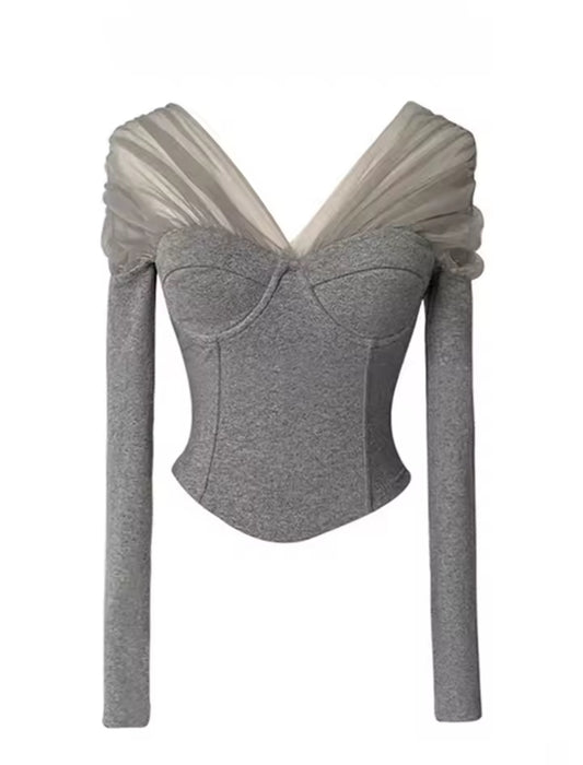 Sheer Mesh Off-Shoulder Corset Top – Grey