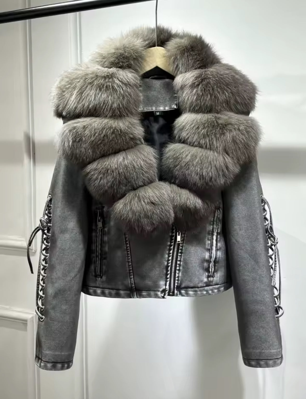Luxury PU Leather Jacket with Genuine Fox Fur Collar