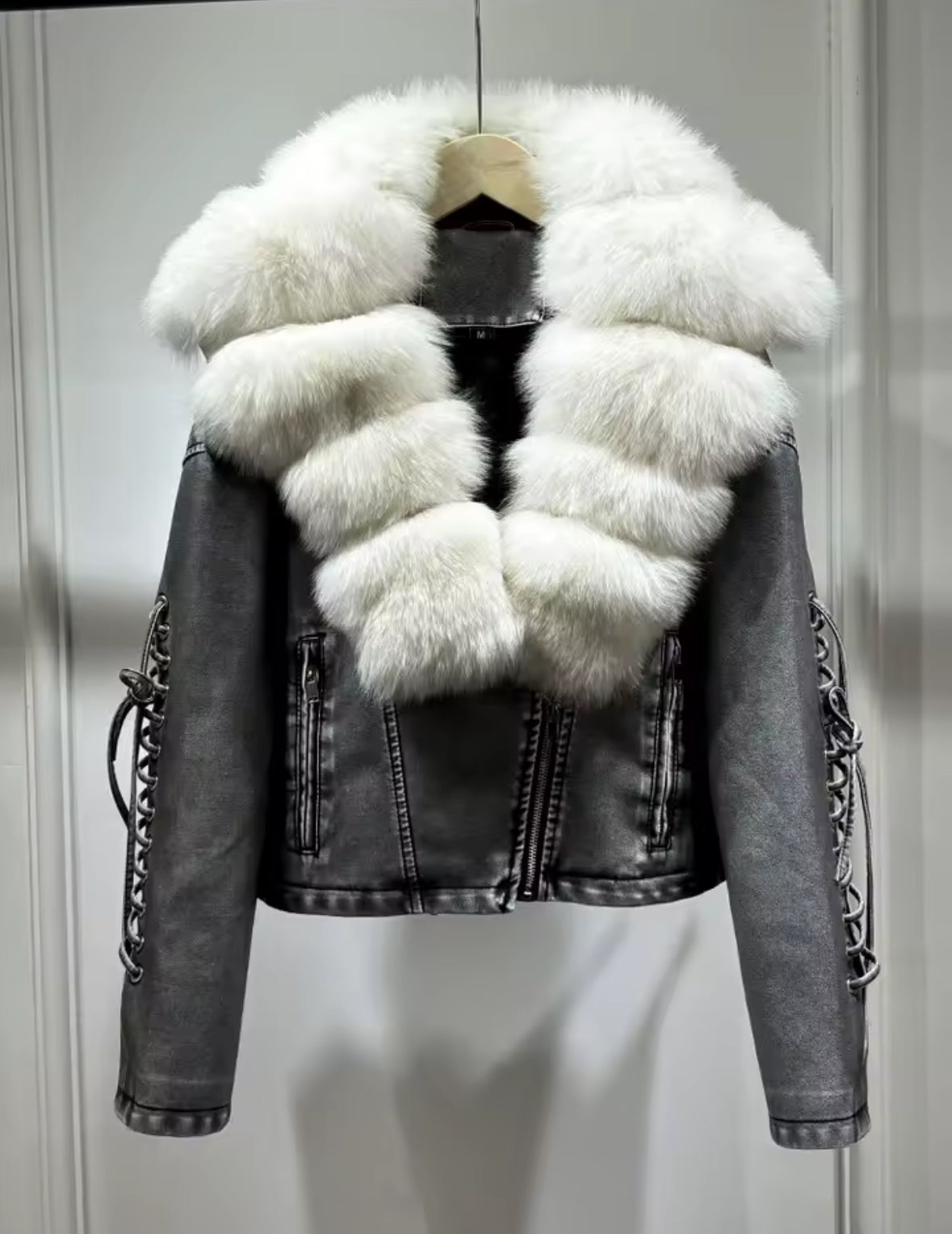 Luxury PU Leather Jacket with Genuine Fox Fur Collar