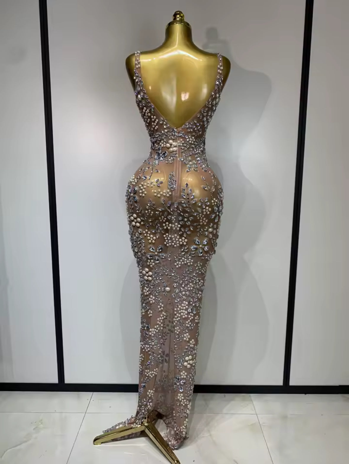Crystal & Pearl Embellished Nude Illusion Gown