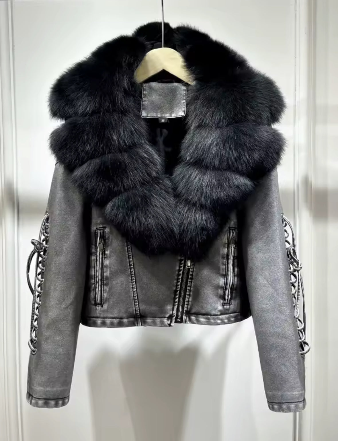 Luxury PU Leather Jacket with Genuine Fox Fur Collar