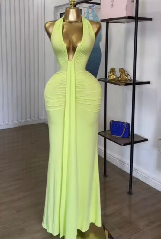 Ruched Draped Mermaid Halter Gown Dress