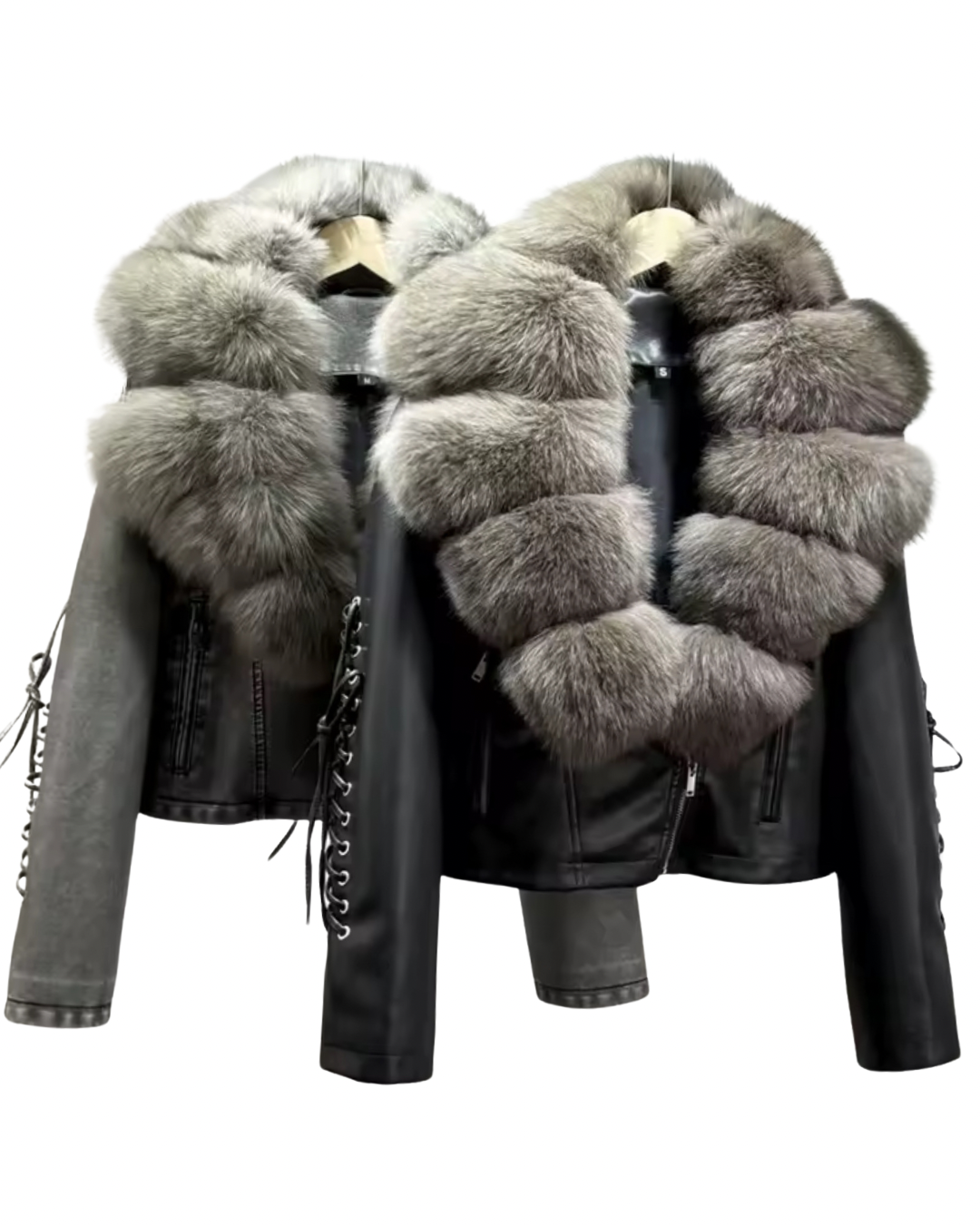 Luxury PU Leather Jacket with Genuine Fox Fur Collar