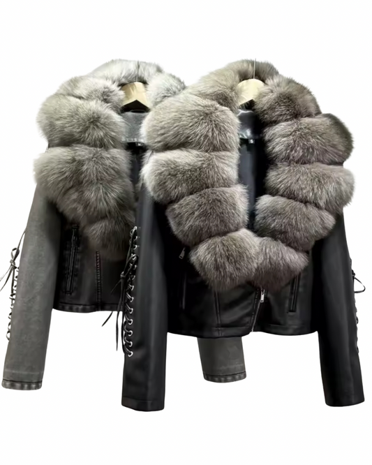 Luxury PU Leather Jacket with Genuine Fox Fur Collar