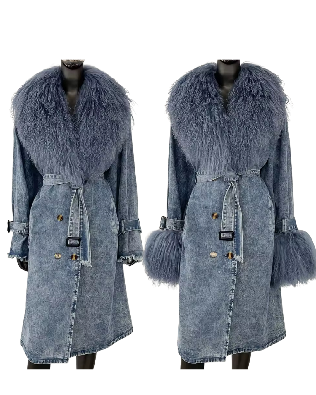 Denim Trench Coat with Genuine Mongolian Sheepskin Fur Trim