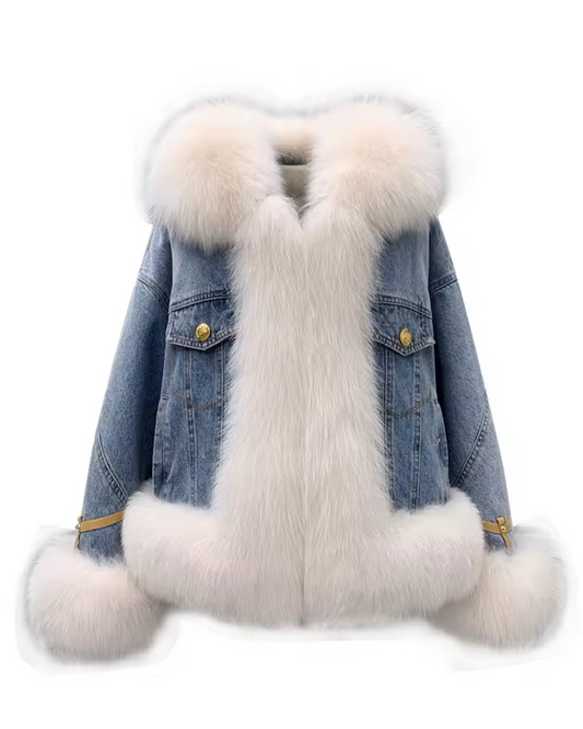 Luxury Denim Jacket with Genuine Fox Fur Trim