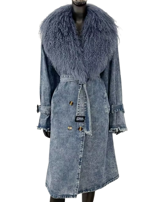 Denim Trench Coat with Genuine Mongolian Sheepskin Fur Trim