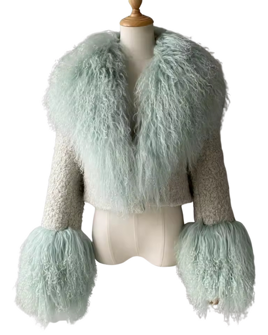 Luxury Cropped Tweed & Genuine Mongolian Fur Jacket