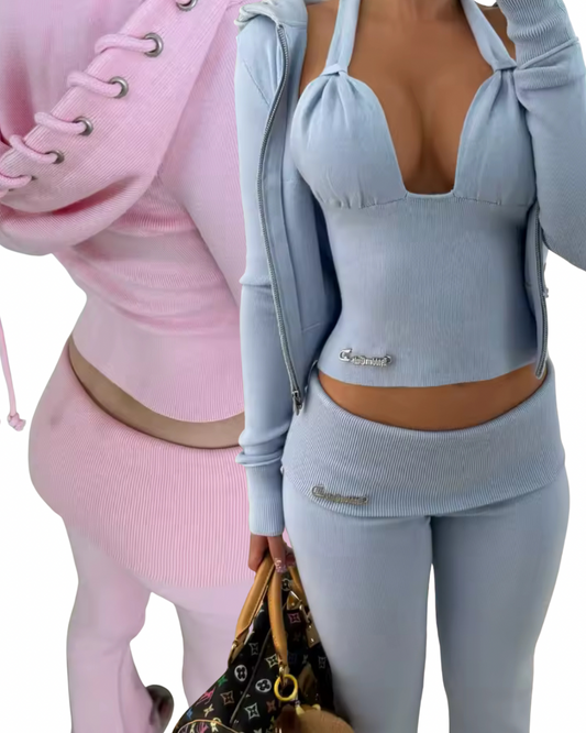 Luxe Ribbed Lounge Separates – Pants, Hoodie & Halter Top