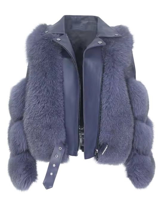 Luxury Sheepskin Leather & Real Genuine Fox Fur Motorcycle Jacket