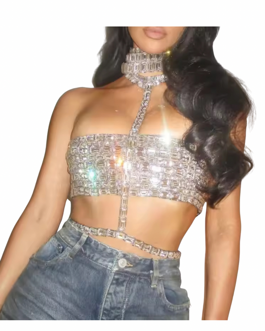 Women's Strappy 2-Piece Crystal Diamond Crop Top Set