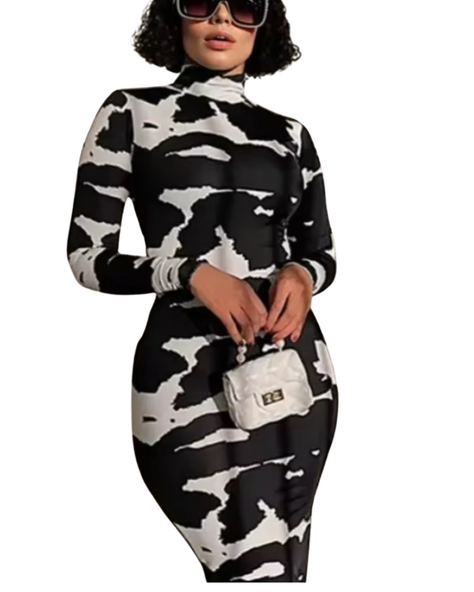 Monochrome Luxe Long Sleeve Bodycon Dress