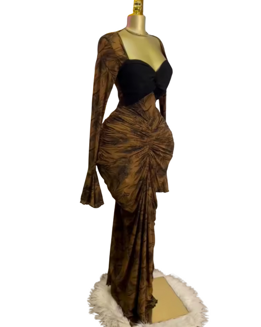 Dramatic Ruched Maxi Gown with Sheer Sleeves