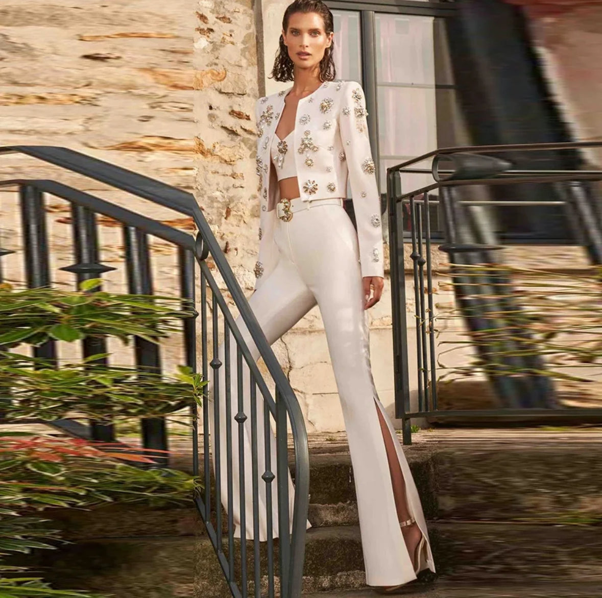 Women's White Crystal Embellished Two-Piece Pants Set