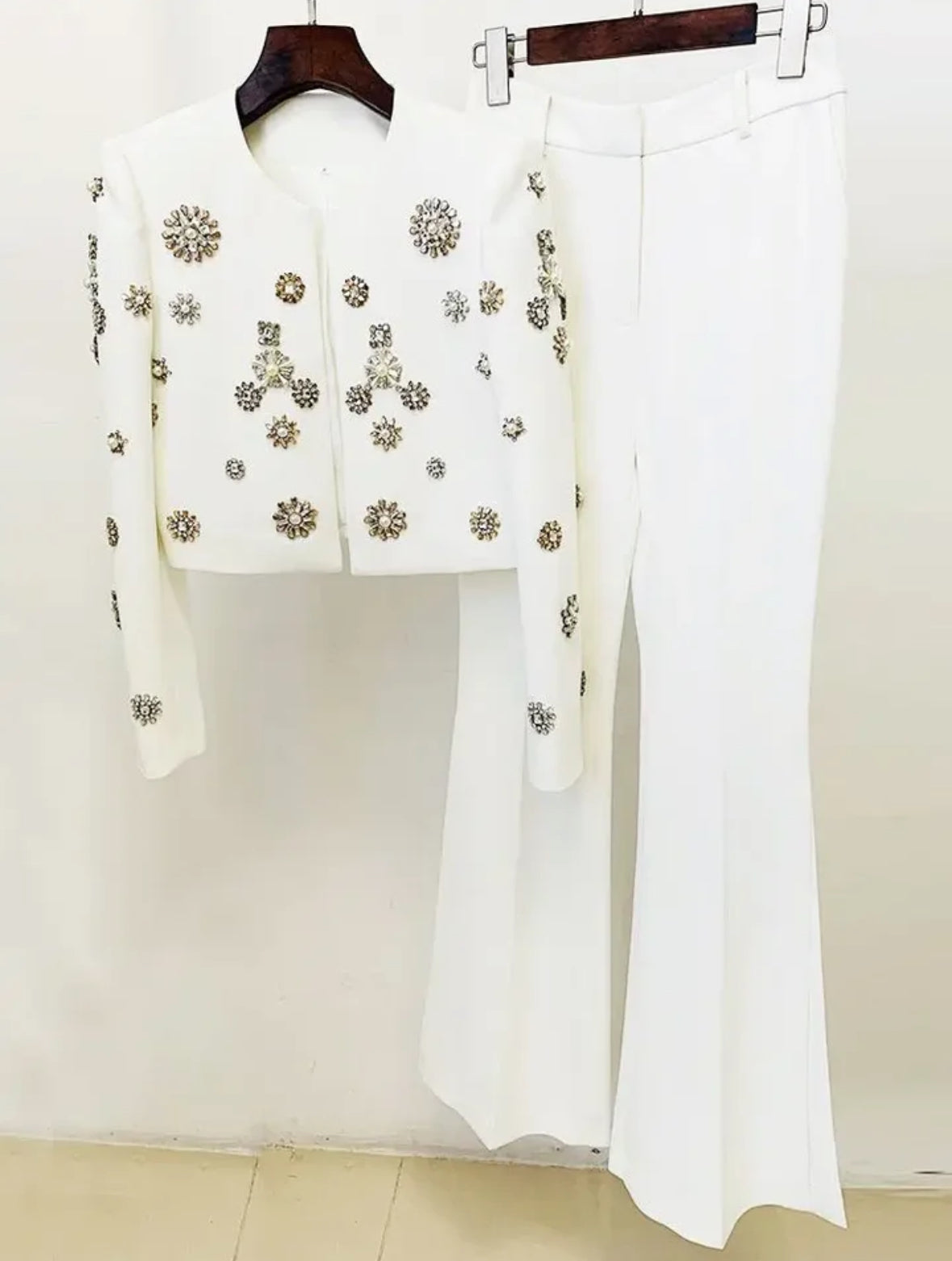 Women's White Crystal Embellished Two-Piece Pants Set